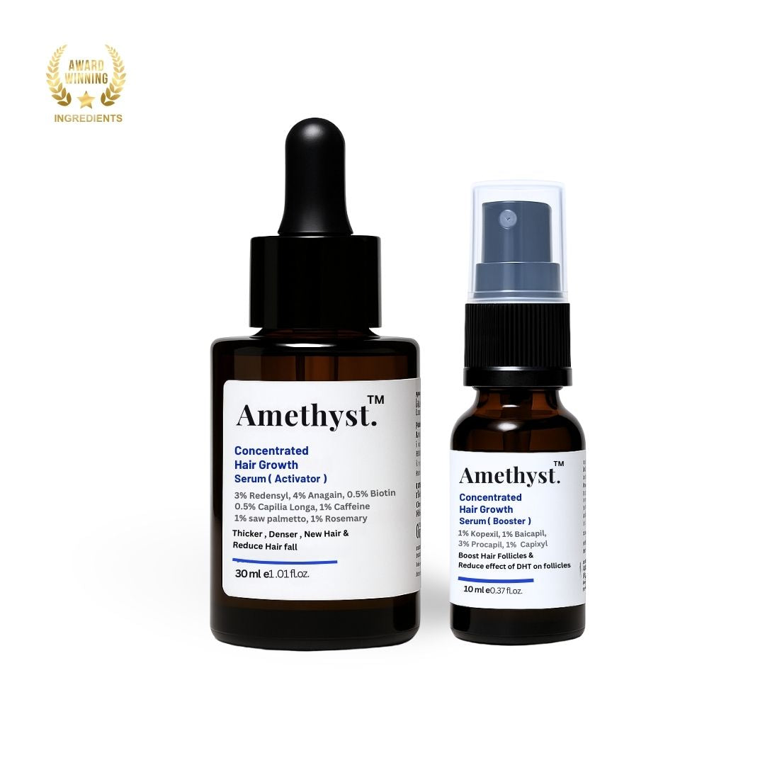 Amethyst Hair Growth Serum and Booster Set – Biotin, Caffeine, Redensyl, Anagain formula for hair regrowth, thickness, and scalp nourishment – Award-winning natural ingredients – 30ml dropper bottle and 10ml spray