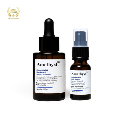 Amethyst Hair Growth Serum and Booster Set – Biotin, Caffeine, Redensyl, Anagain formula for hair regrowth, thickness, and scalp nourishment – Award-winning natural ingredients – 30ml dropper bottle and 10ml spray
